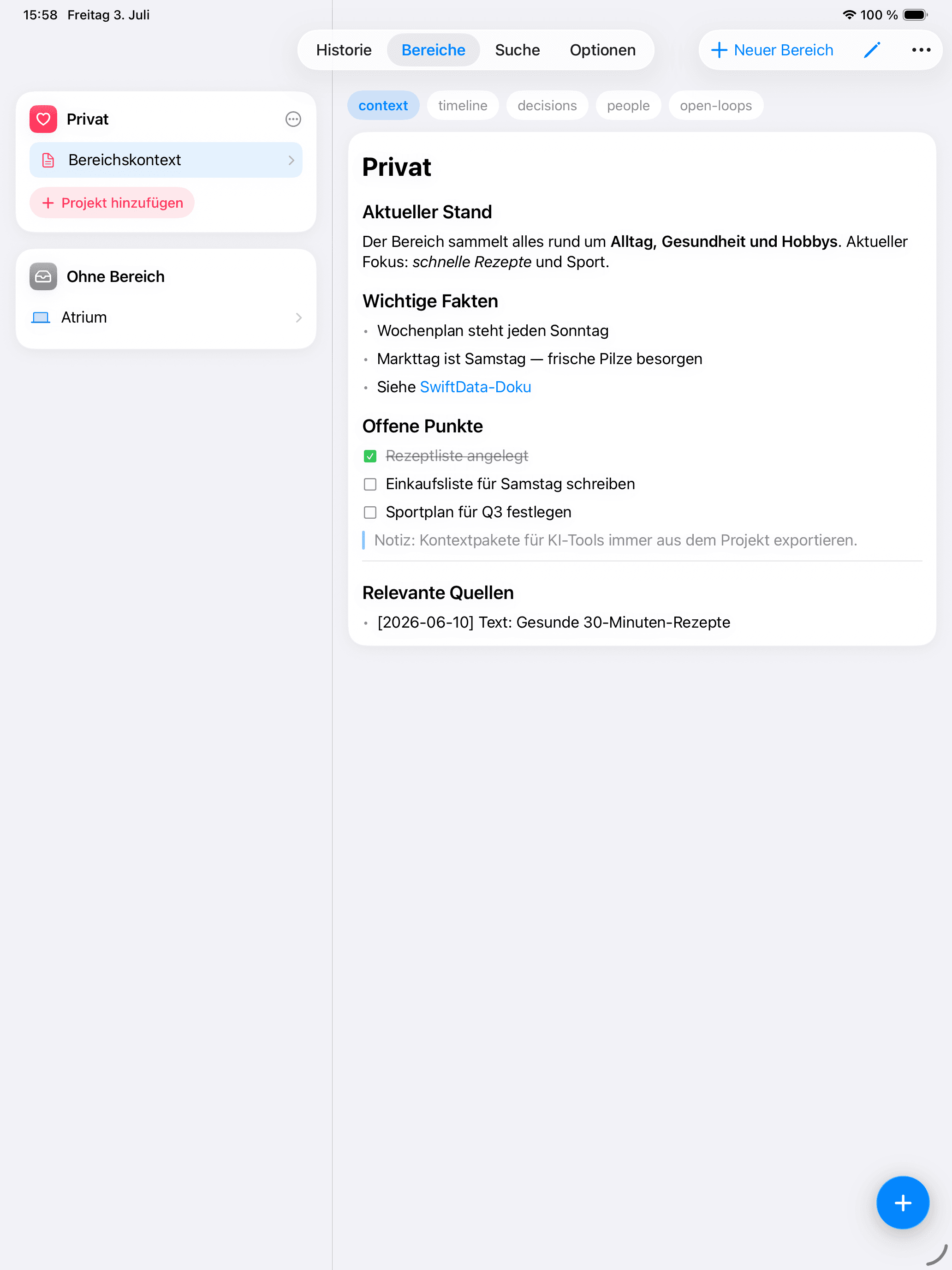 Ein lebendiger Bereichskontext in Atrium auf dem iPad