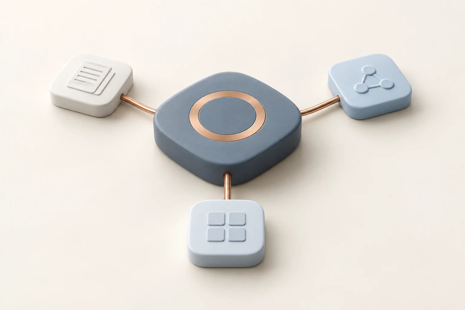 Abstrakte CortexOne-Plattform: Eine blaue Zentrale verbindet über kupferfarbene Linien Dokumente, Modelle und Workflows.